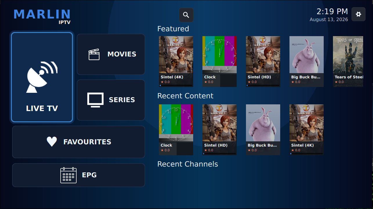 Marlin home screen showing live TV, movies, series, favourites and featured content